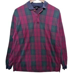 Vintage Lands End Men Large Plaid Long Sleeve Polo Shirt Cotton USA